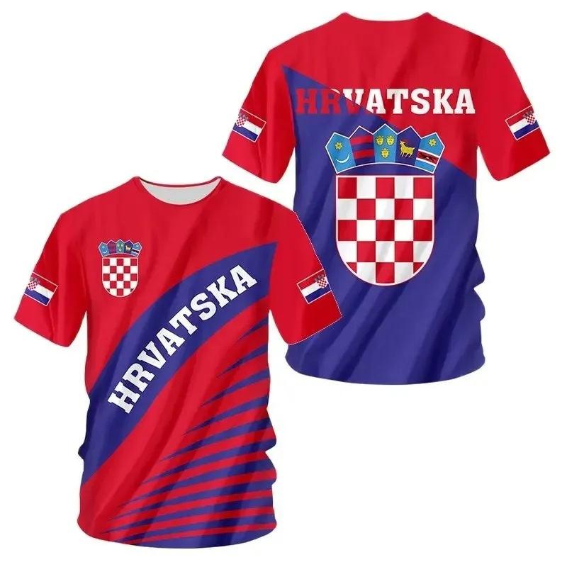 Croatia National Flag and National Emblem 3D Printing Cross-border New Men's Casual Round Neck Short-sleeved T-shirt Factory Direct Sales