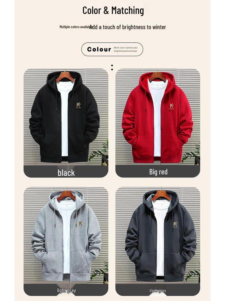 Men's Woodpecker Thickened Velvet Cardigan Hoodie - Loose Fit, Casual Couple Jacket for Spring, Autumn, Winter, Plus Sizes Available.