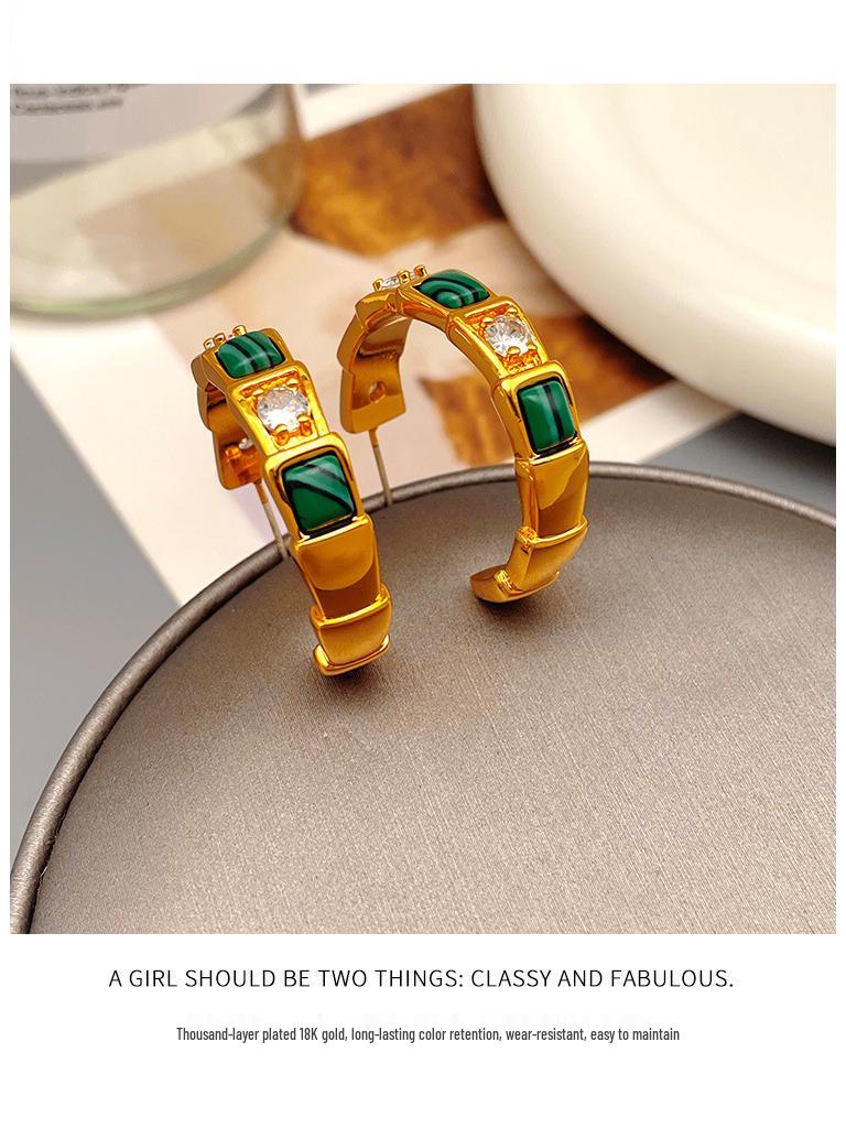Retro European and American Malachite C-Shaped Earrings: High-End Luxury Fashion Jewelry for Women