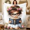 Girl Character with Floral and Plant Flannel Printed Blanket Suitable for All Seasons Suitable for Living Office Sofa and Travel