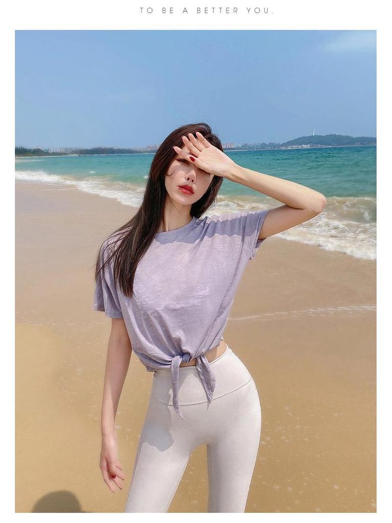 Women's Quick-Dry Tie-Up Yoga T-Shirt - Breathable, Loose Fit, Slimming & Short Sleeve