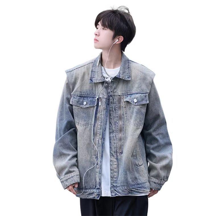 American Washed Shoulder Padded Denim Jacket Men'S Season High Street Trendy Brand Multi-Zipper Couple Tooling Jacket