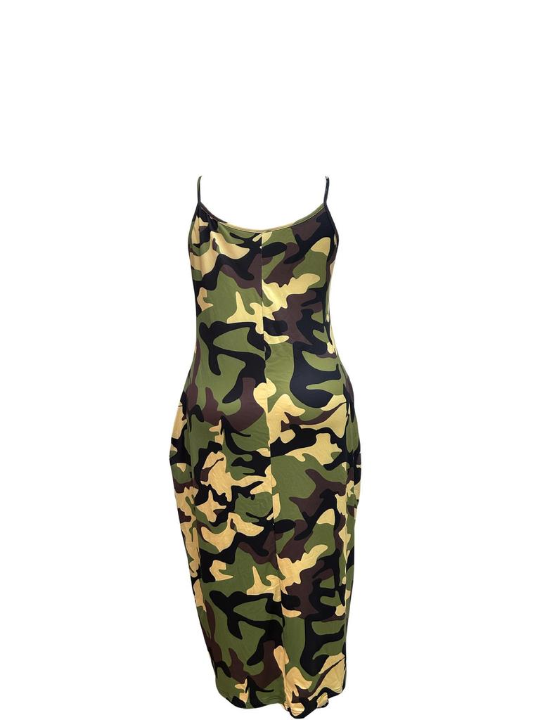 Summer Cool Spaghetti Strap Long Dress - Abstract Camouflage Print, Stylish Streetwear