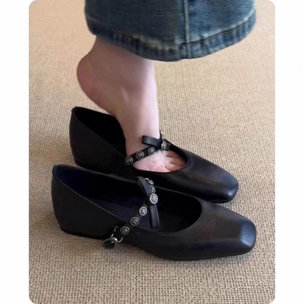 Blue Cabinet, Soft Leather French Single Shoes Women's Flat Bottom Bow Light Mouth Ballet Shoes Small Square Head Retro Mary Jane Shoes