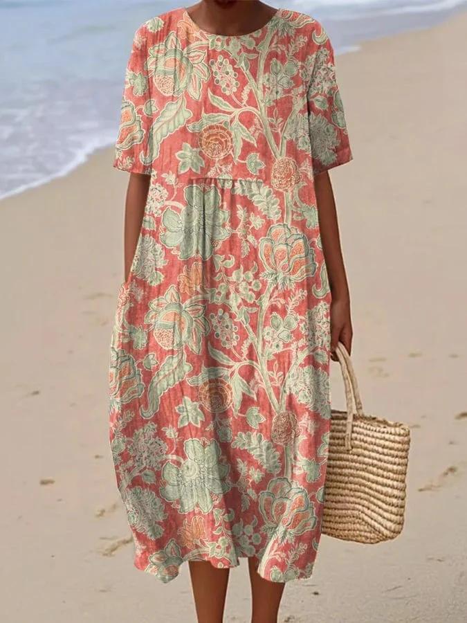 Women's Round Neck 3/4 Sleeve Midi Dress Casual Loose Solid Color Beach Vacation Long Dress