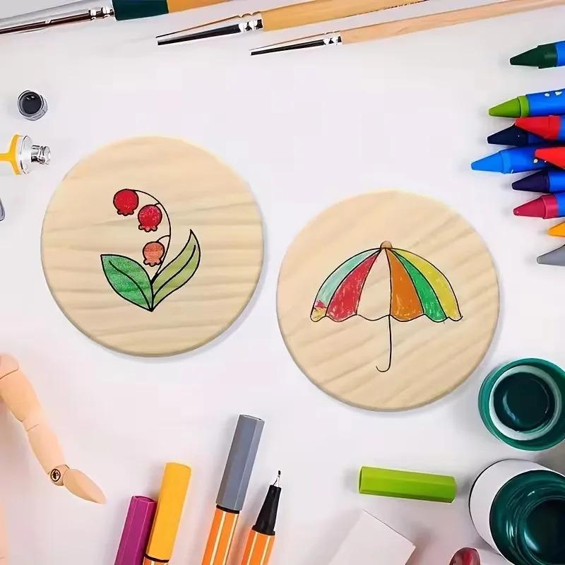 Ensemble de 5 sous-verres ronds en bois non fini pour loisirs créatifs et décoration intérieure - Diamètre de 4 pouces, Matériau en bois naturel pour la peinture
