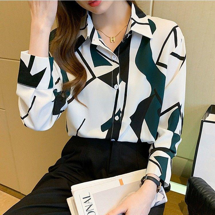 Women's Korean Style Chiffon Blouse: Slim Fit, Printed, Plus Size, Long Sleeve, Versatile Sun Protection Shirt for Spring and Summer.