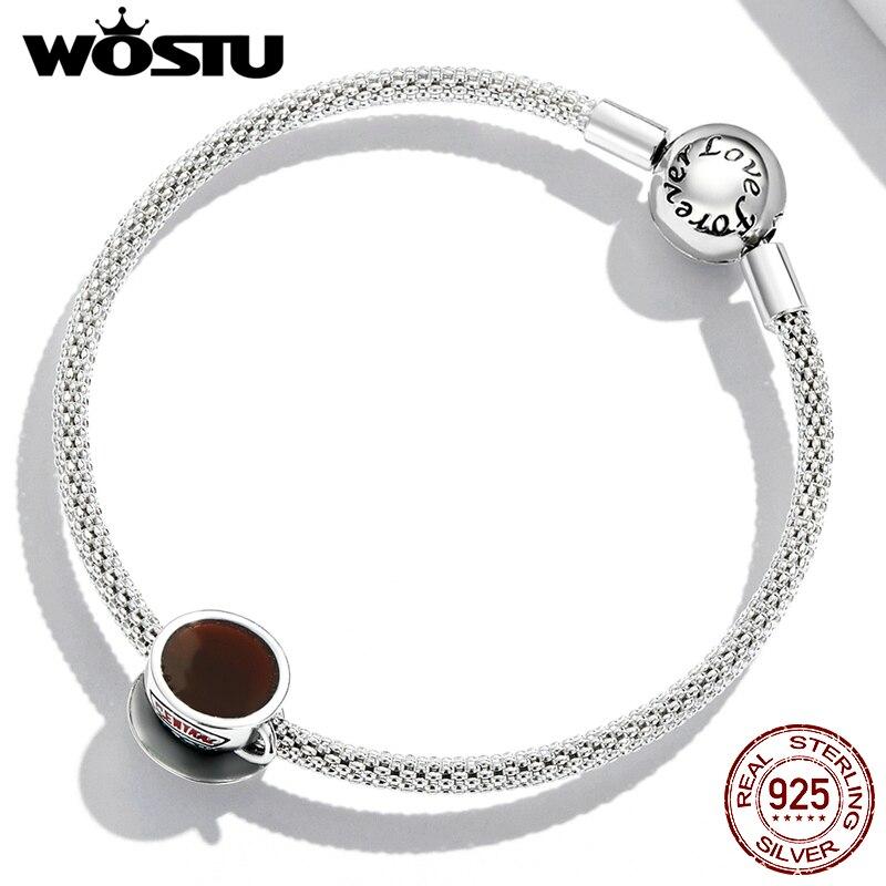 WOSTU 925 sterlingsølv kaffekopp bokstaver sjarm perle anheng passer originalt armbånd halskjede for kvinner smykker