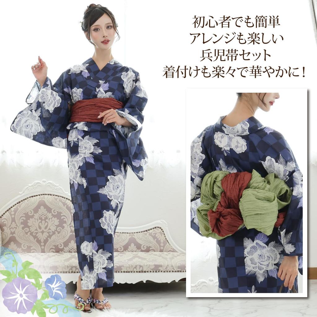 Yukata Checkered Beautiful Japanese Heiko Thong Geta One Size Fits Most [RAVIR] Women's 3-piece Set, Pattern, Peonies, Noble, Clothing, Fluffy, Obi,