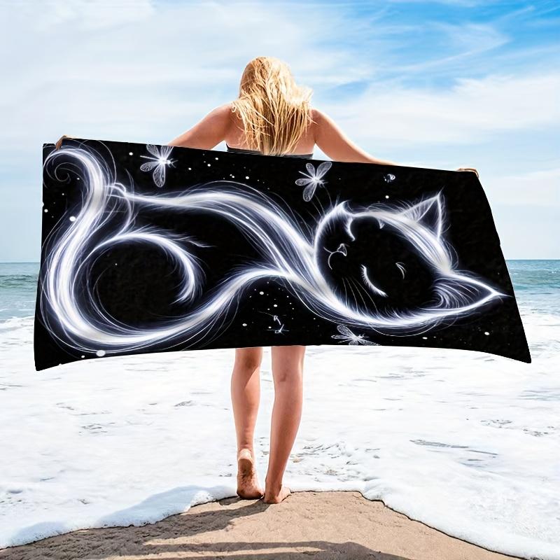 1pc Whimsical White Cat & Floral Print Beach Towel - Soft Polyester, Multi-Use for Beach, Pool, Yoga Camping Perfect for Summer