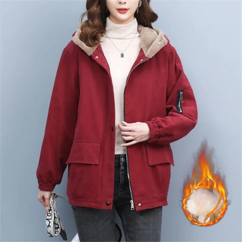 Winter Plus Velvet Warm Cotton Jackets Women    Padded Jacket Hooded Parka Overcoat   Casual Trench Coat