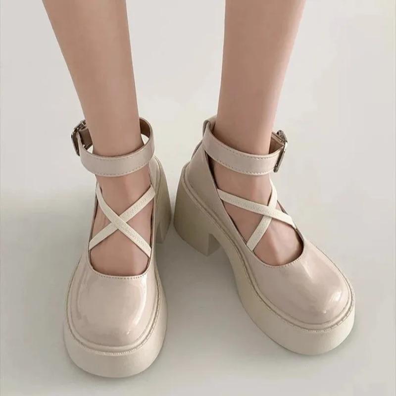 Chunky Platform High Heels Pumps Women 2025 Autumn Pu Leather Ankle Buckle Jane Shoes  Thick Heeled White Lolita Shoes