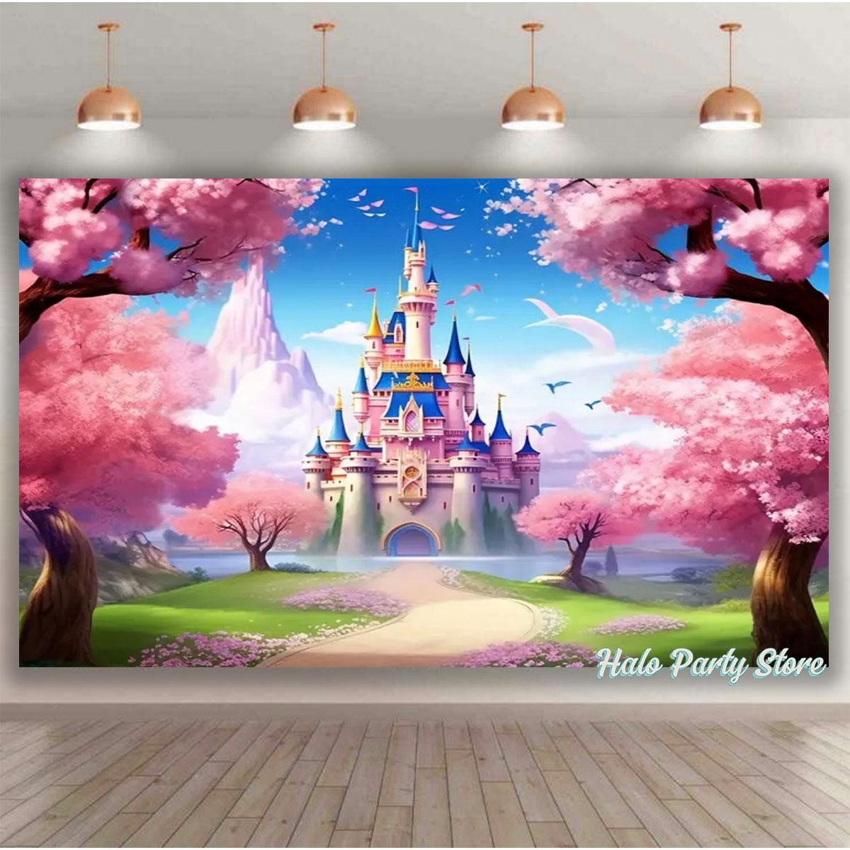 Pink Rainbow Castle Princess Birthday Party Backdrops Flowers Forest photography Props vinyl Backdrop 120X90CM