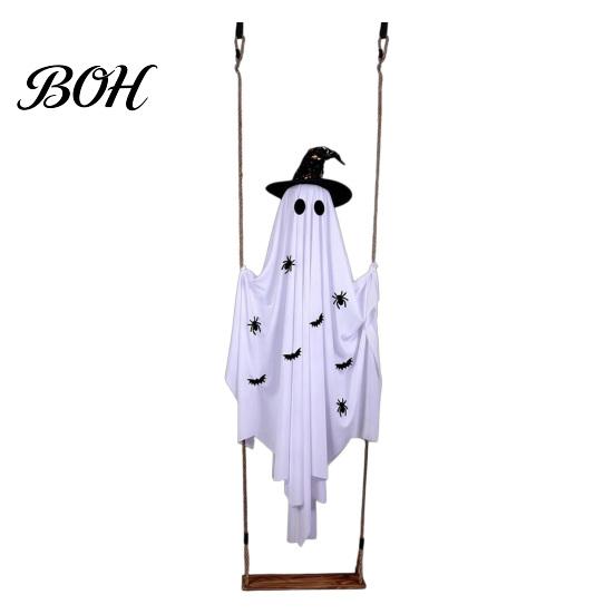 Spooky Glowing Garden Accents Large Hanging Swing Ghost Halloween Decoration, 5FT on A Lighted for Tree Branches with Witch Hat Porch Yard Lawn Remote