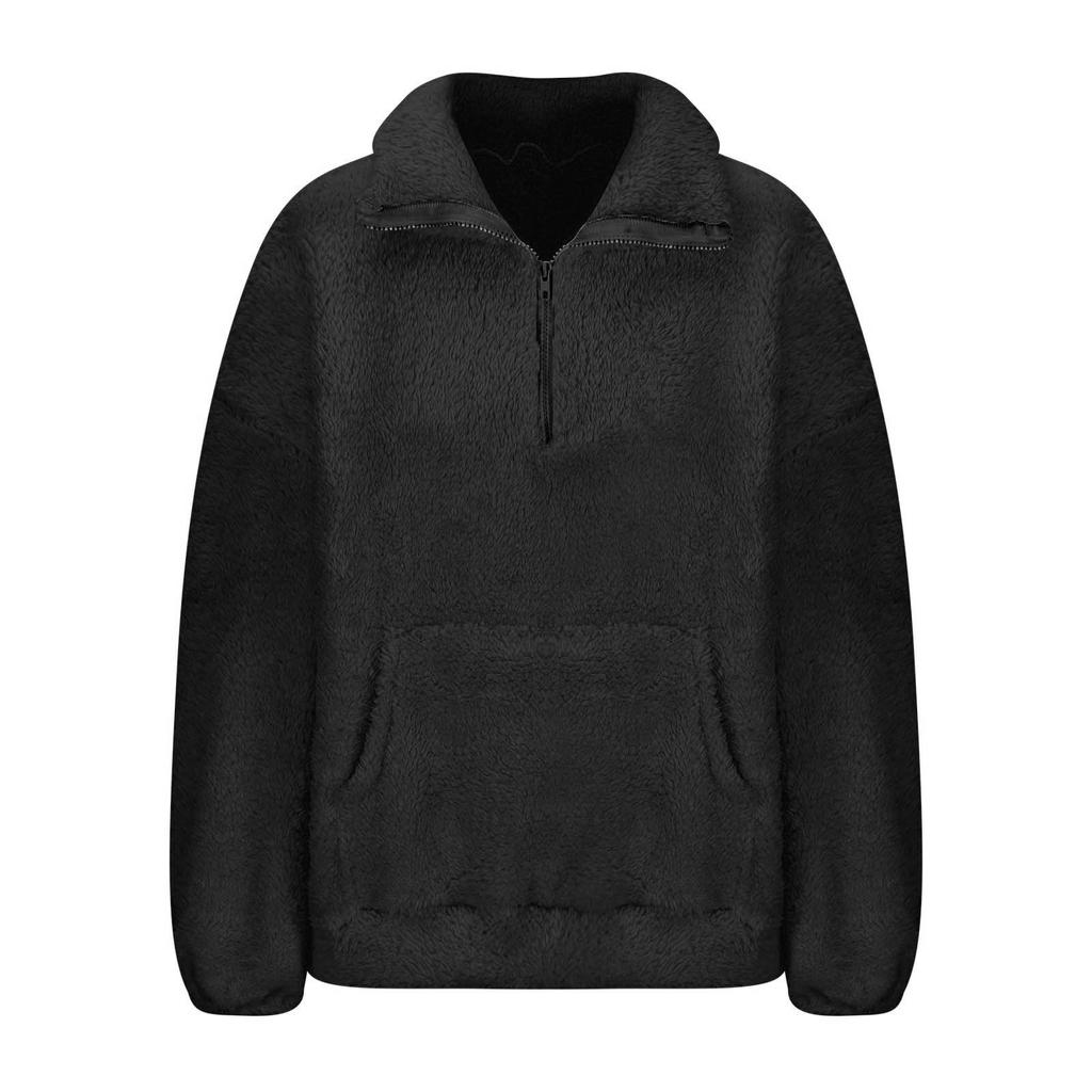Women's Fashion Solid-Color Fleece-Lined Stand-Up Collar Long-Sleeve Hoodie Casual Top