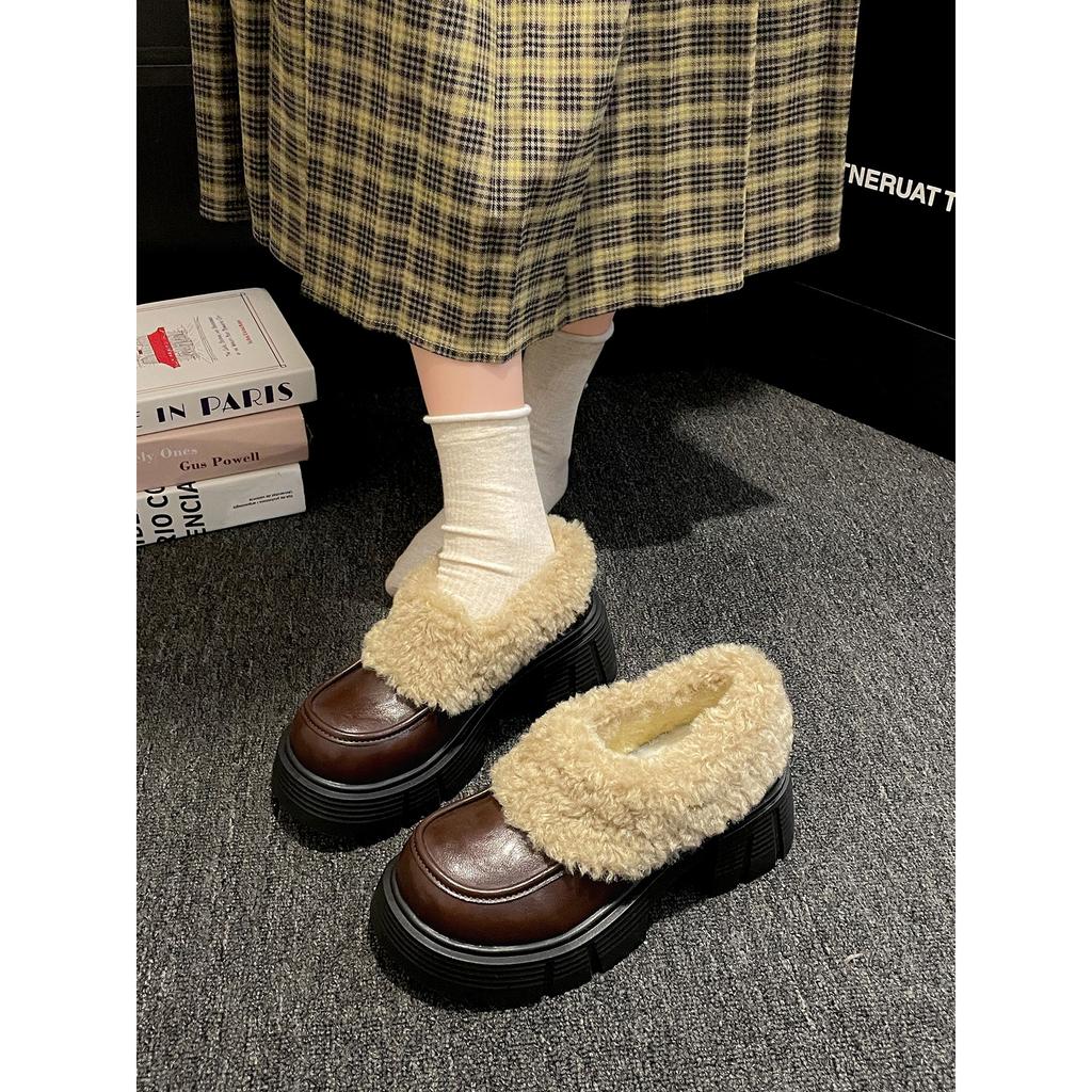 Black British style thick heel thick sole fluffy small leather shoes 2025 autumn and winter warm non-slip velvet cotton shoes