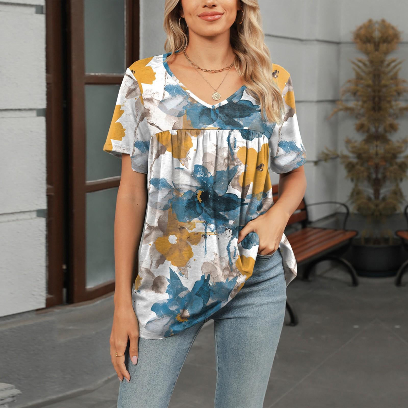 

Женская модная футболка с V-образным вырезом и цветочным принтом, с короткими рукавами, плиссированная футболка XL жёлтый