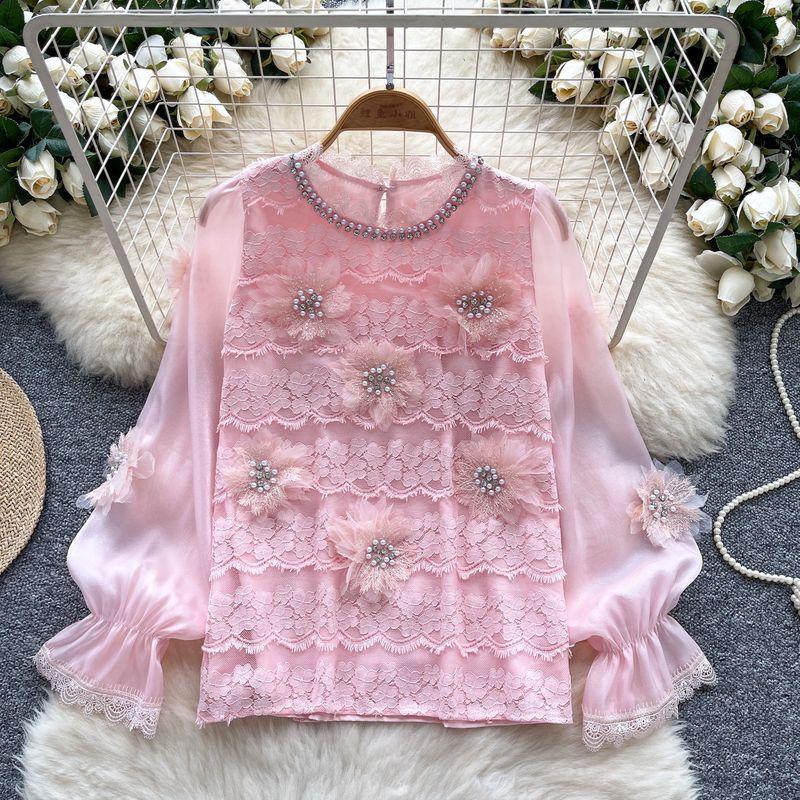 

Высококачественные бусины для тяжелой промышленности, инкрустированные бриллиантами, трехмерные цветы, кружевная строчка, рубашки с длинным рукавом, женский западный стиль, универсальный топ Pink All yards