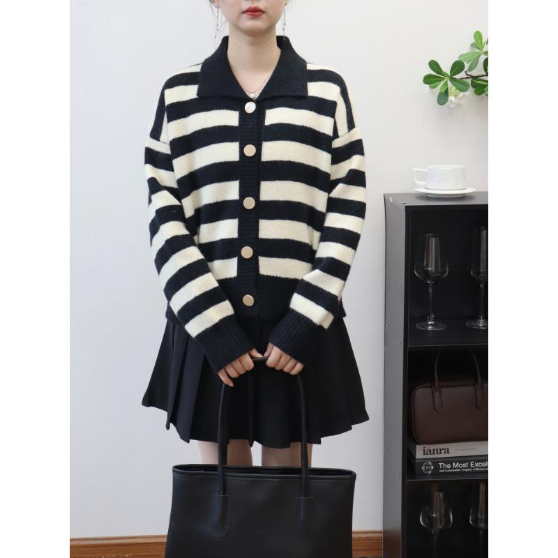Retro contrasting color striped lapel knitted cardigan autumn and winter new design loose sweater jacket women