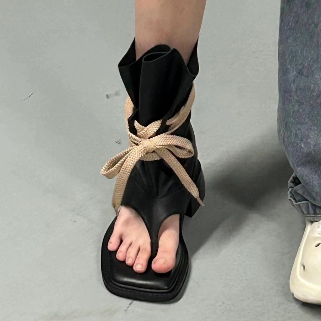 Summer New Straps Versatile Herringbone Stacking Boots for Women, Thin Thick-soled Toes, Cool Boots for Women