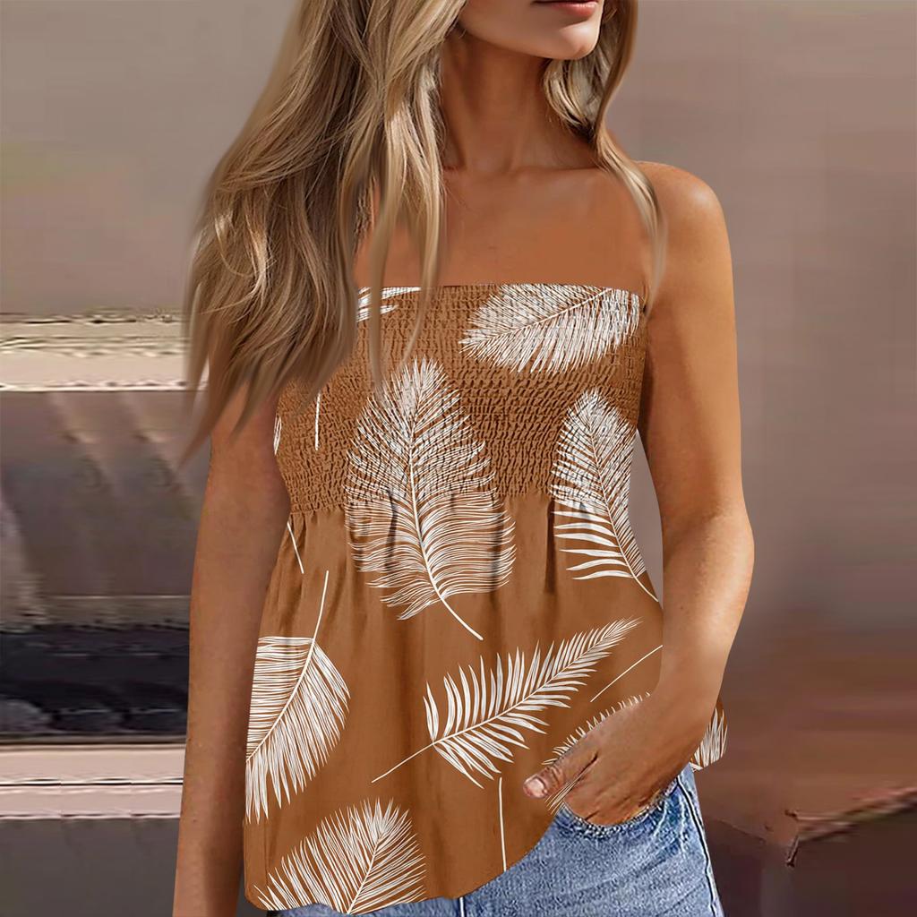 Women's Summer Fashion Strapless Top, Cute and Sexy Off-Shoulder Hawaiian Print Sleeveless T-Shirt