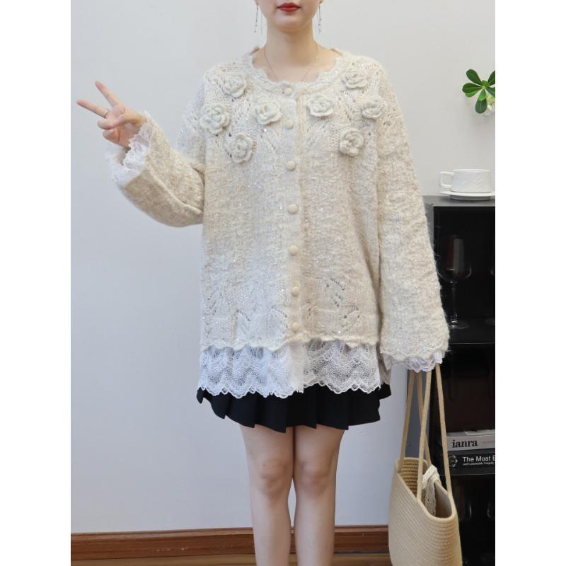 

Трехмерный цветочный сетчатый дизайн, вязаный кардиган, осень-зима, новый свободный милый свитер-жакет для женщин one size fits all абрикосовый