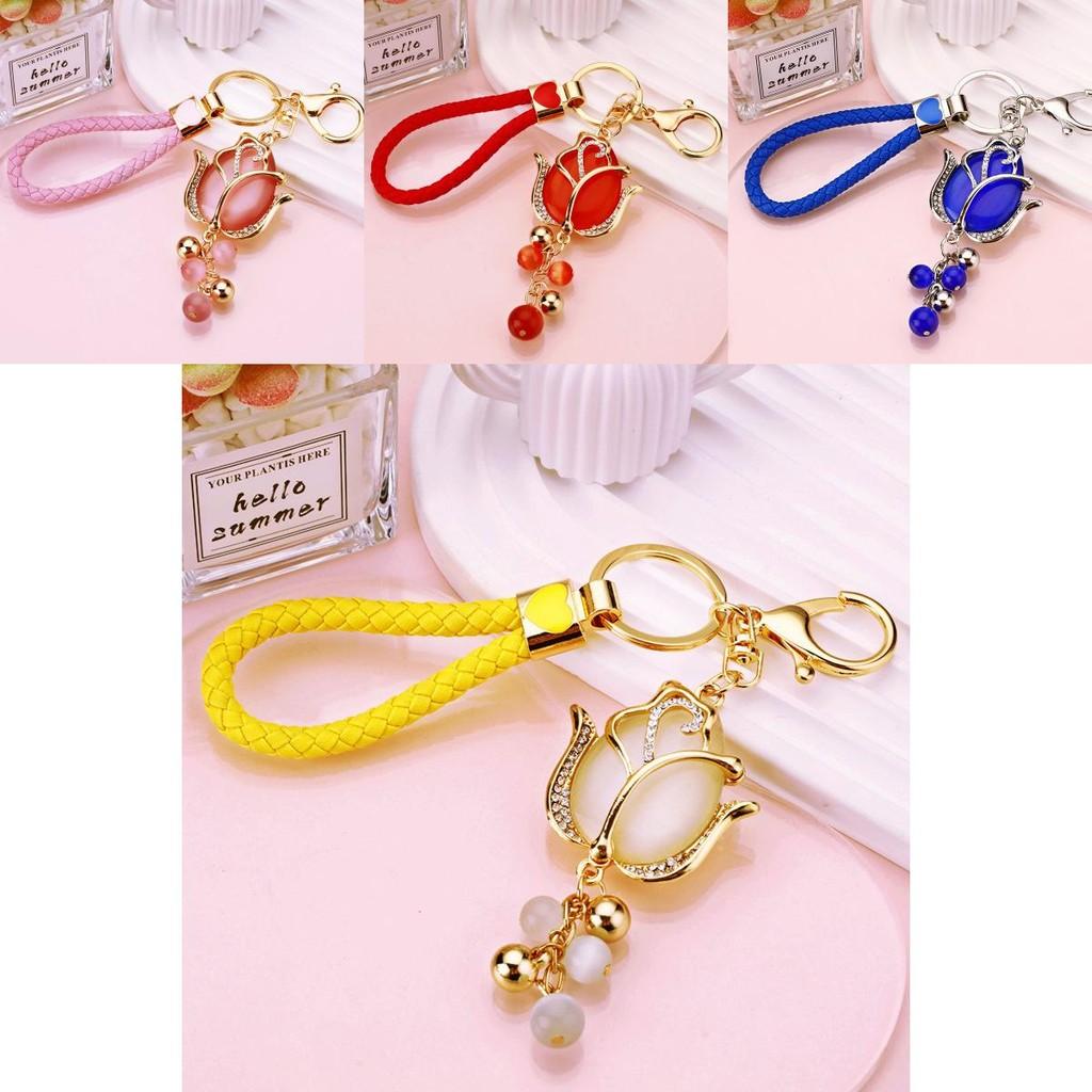 Charming Water Drill Moonstone Tulip Car Keychain For Women With Floral Design