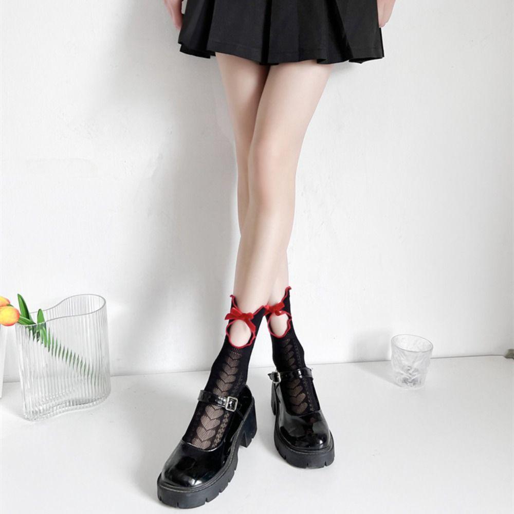 Hollow Out Women Lolita Socks Mesh Jk Hosiery Cute Bow Lace Socks  Lady