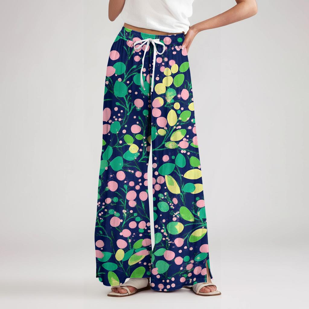 Women's Loose Casual Floral Print Wide Leg Pants With Elastic Waist Drawstring And Pocket Pants