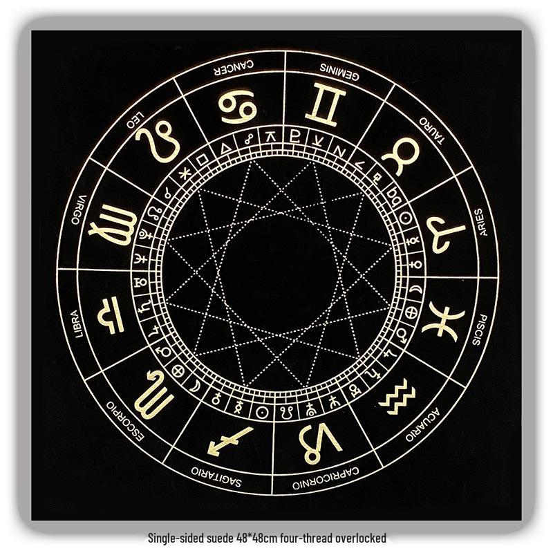 Black Deerskin Velvet Tarot Tablecloth with Moon Phases and Zodiac Signs 48x48cm