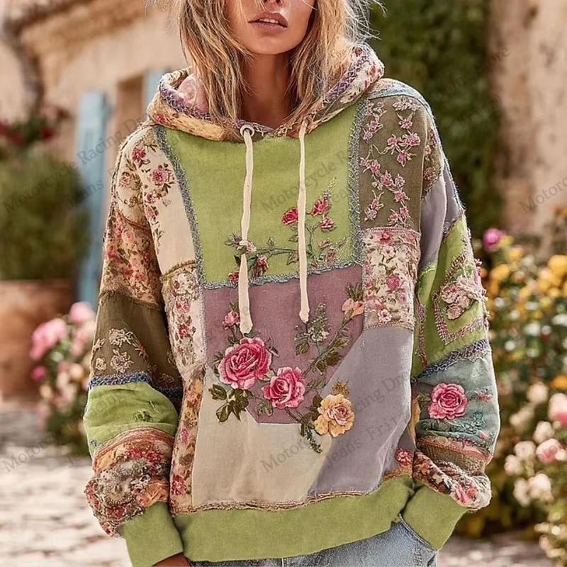 Vintage Floral Patchwork 3d Print Hoodie Women Fashion Casual European American Style Hoodie Sweatshirt Women Clothes Top