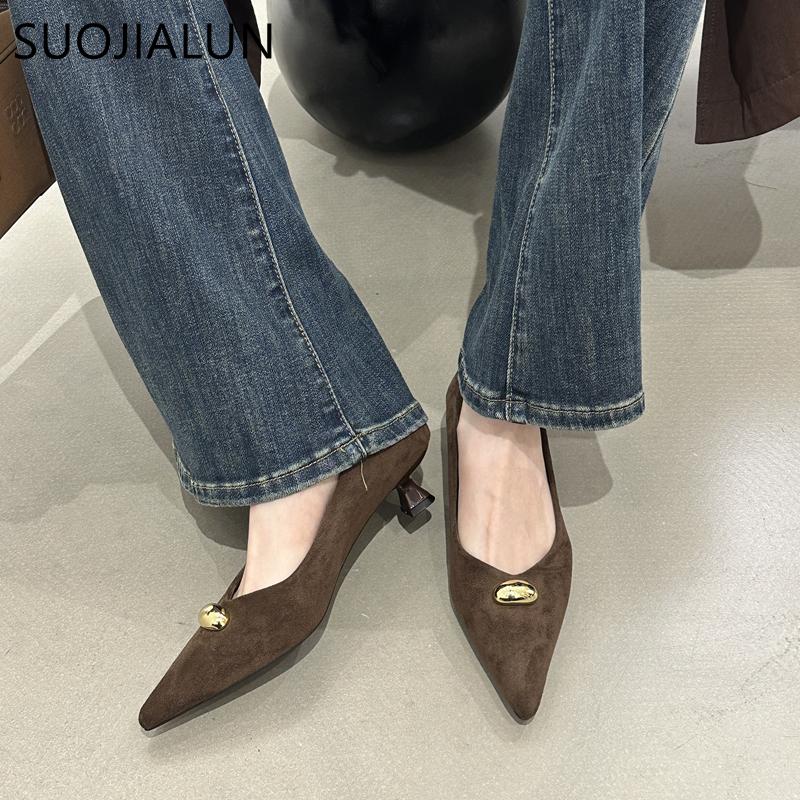 Fashion SUOJIALUN 2025 New Brand Women Pumps Shoes Fashion Pointed Toe Shallow Slip On Boat Shoes Thin Med Heel Outdoor Dress Pumps