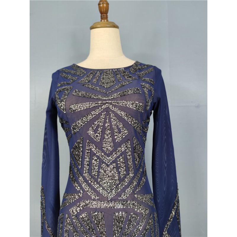 Export Li's Summer New Arrival Mesh See-through Heavy Embroidery Sequins Round Neck Slim-Fit Commute Hip Bag Elegant Dress