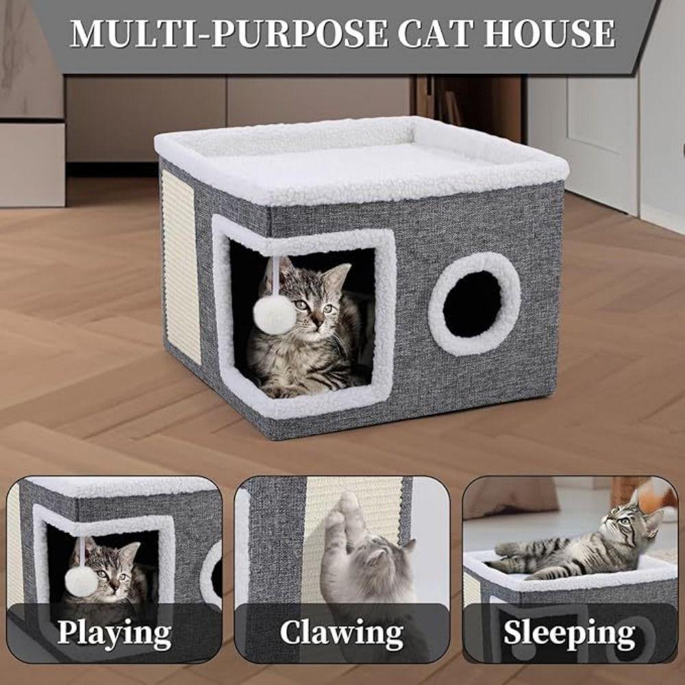 Large Space Foldable Cat House Non-slip Bottom Scratching Post Cat Bed Toy Tunnel Removable Cushion Hanging Ball