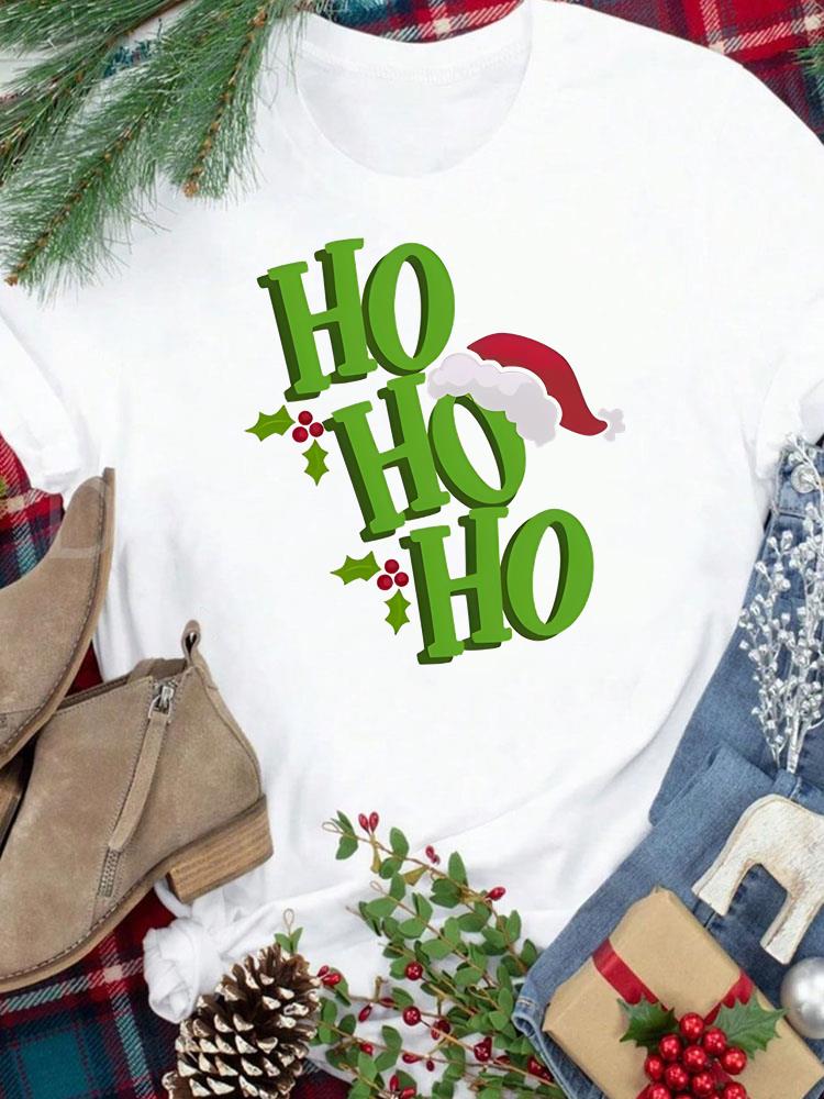 (Asian Size) star trend cute New Year festival Women Print Holiday Tee Top  Merry Christmas Casual Lady Short Sleeve Fashion Graphic T-shirts