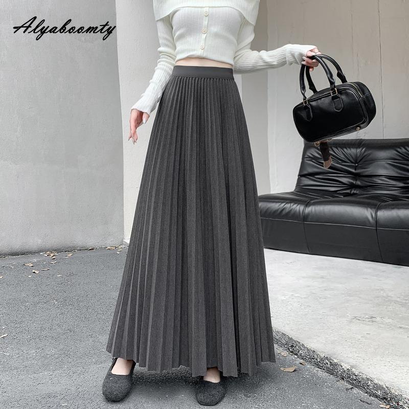 Elegant Fashion Autumn Winter Women Midi Skirt Elastic Waist Grey Black Purple Brown Navy Woolen Skirt Feminine Pleated Wool Warm Skirt
