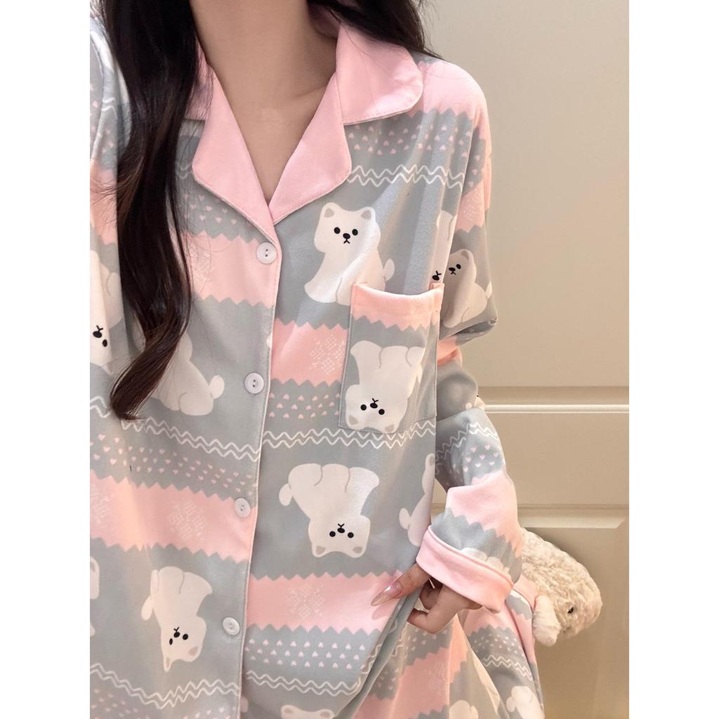 Women's Winter Fleece Pajama Set, 260g, Loose Fit, Cartoon Design, Plus Size, Wearable Outside, Cardigan Style.
