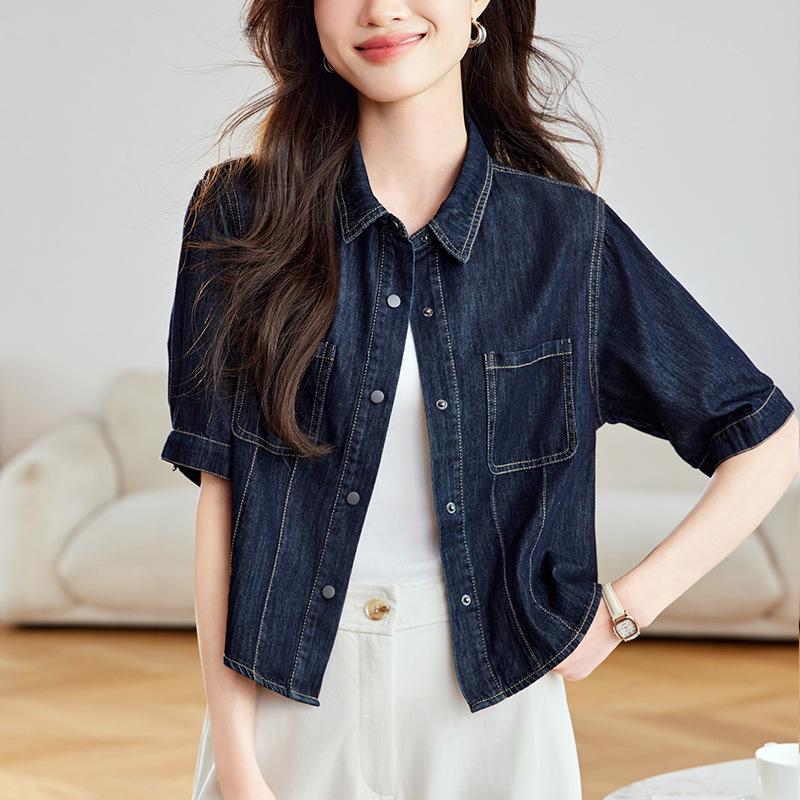 Denim Shirt Jacket for Women Short Sleeve Spring and Summer New Short Top Small Blue Shirt