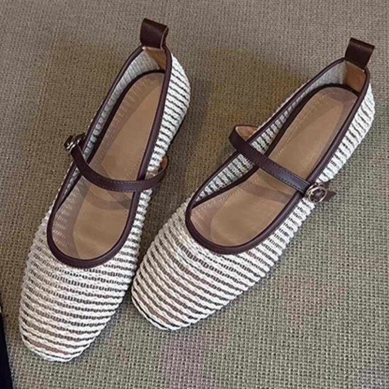 Fashion Summer Vintage Woven Mary Jane Flats Super Soft Mesh Anti-Slip Wear-Resistant Round Toe Shallow Strap Single