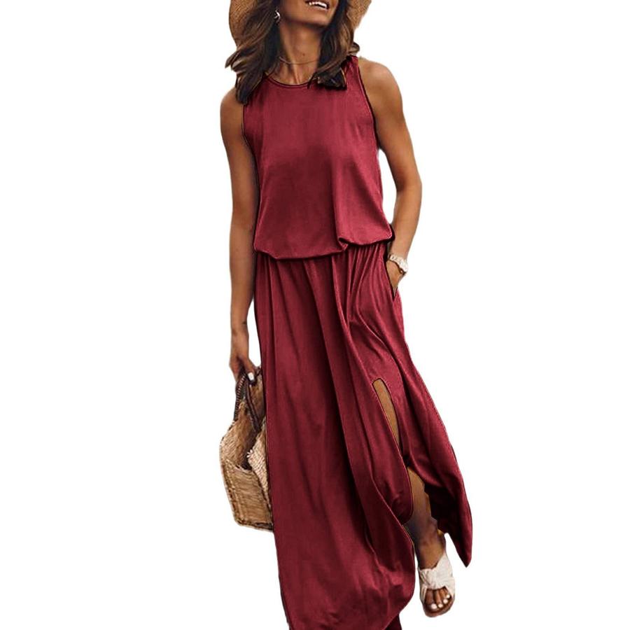 Summer New Women's Imported Dresses Round Neck Sleeveless A-Line Skirt High-Waisted Casual Work Commute Maxi Dress