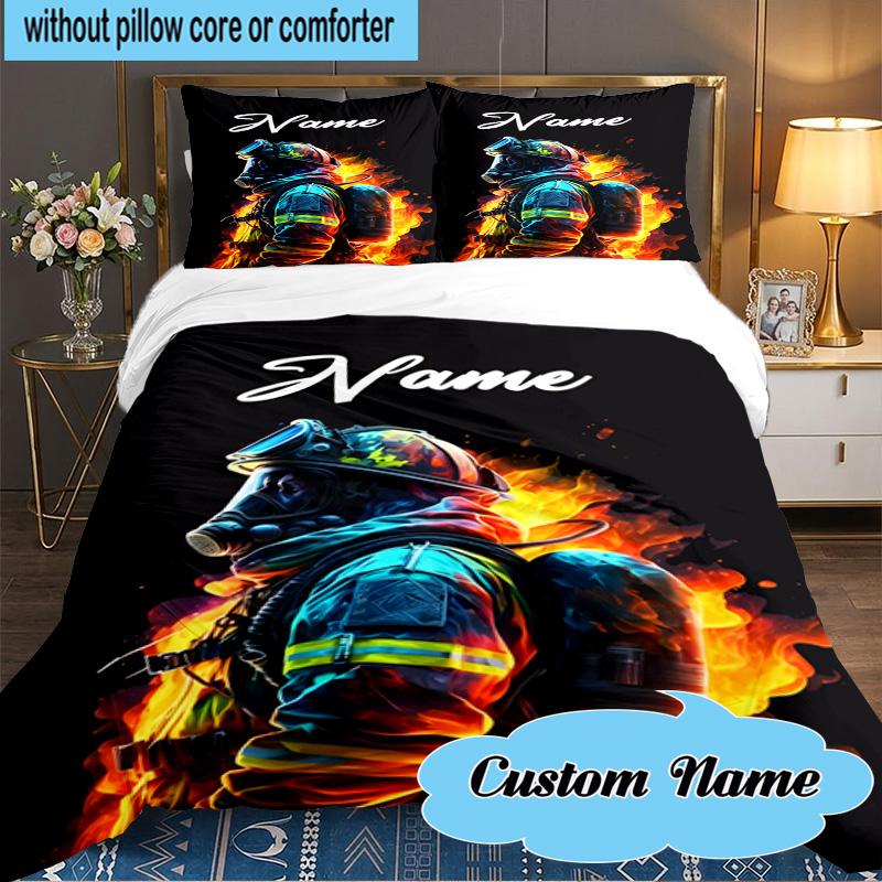 Custom Name 3PCS Firefighter's Courage Bedding Set Including 1pc Duvet Cover And 2pcs Pillowcases for Bedroom, Dormitory Gift Home Decor