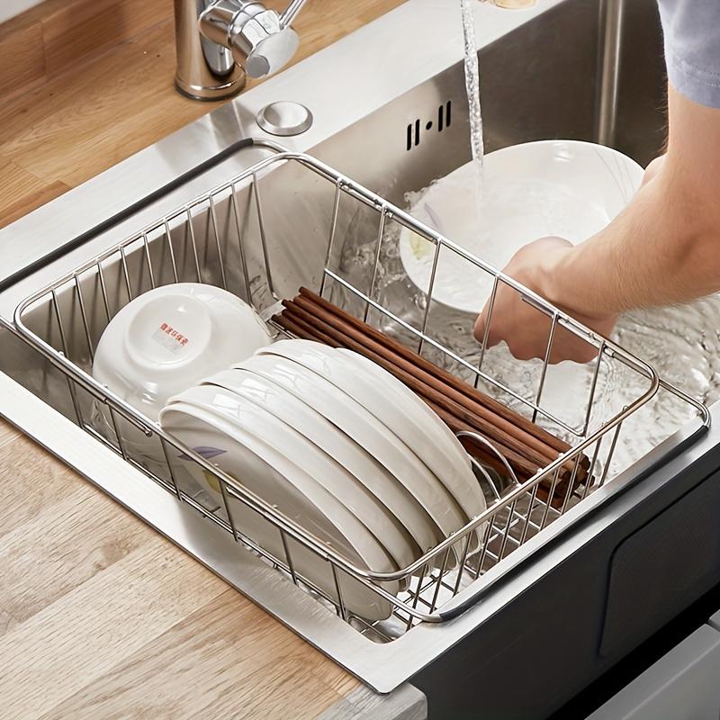 Justerbart oppvaskstativ i rustfritt stål for over vasken, Teleskopisk dreneringskurv med uttrekkbar arm, Kjøkkenredskapsorganisator for tørking av oppvask