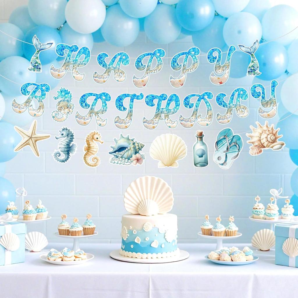 Ocean Beach Birthday Party Decorations Summer Beach Birthday Banner with 13pcs Nautical Seashell Seahorse Hanging Swirls for Coastal Beach Pool Party