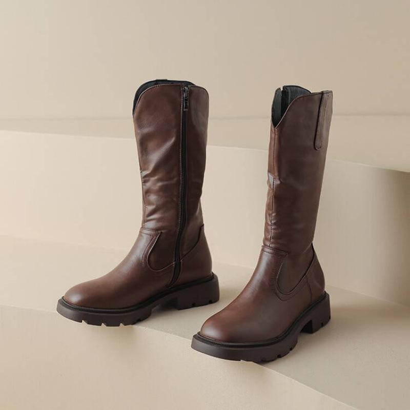 Autumn and Winter Round Head Medium Heel Large Size Fashion Boots Women's Square Heel Solid Color Side Zipper Thick Bottom Non-slip New Round H