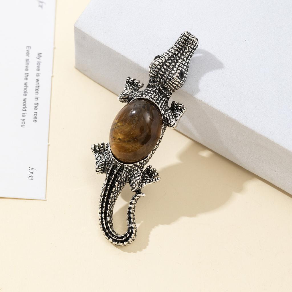 Natural Stone Shell Brooch Crocodile-Shaped Brooch For Elegant Formal Coat Jewelry Accessory 68x22mm