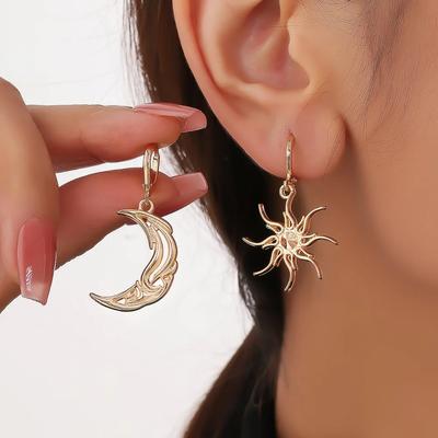 Vintage Sun Moon Earrings Alloy Totem Pendant Asymmetric Dangle Jewelry Gift for Women