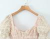 Pure desire French sweet temperament printed bubble sleeve square neck princess dress bow lace splicing waist dress