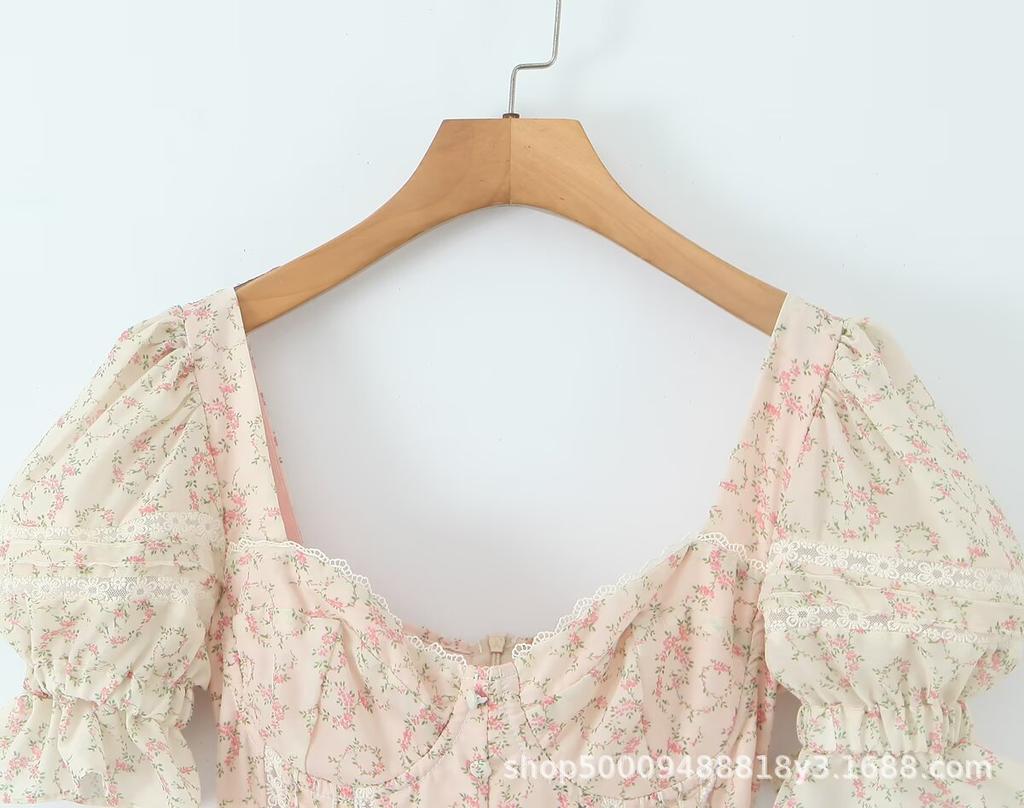 Pure desire French sweet temperament printed bubble sleeve square neck princess dress bow lace splicing waist dress
