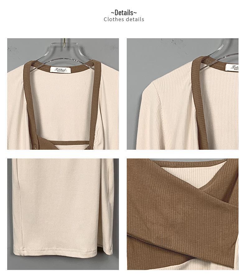 Korean Slim Color Block Strappy Dress & Cardigan Set for Women