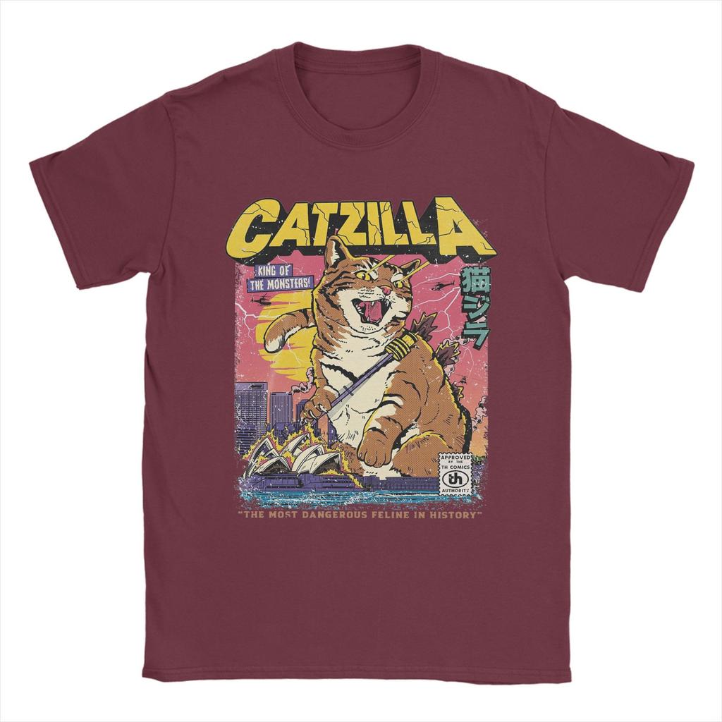 Catzilla Men's T Shirts  Novelty Tee Shirt Short Sleeve Crewneck T-Shirt Pure Cotton Birthday Gift Clothes